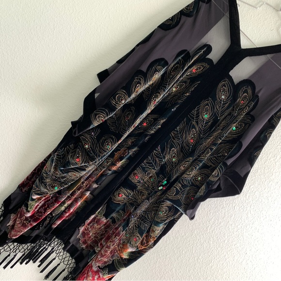 VINTAGE shawl cover up velvet beads embroidery peacock floral OS silk blend - Picture 3 of 16